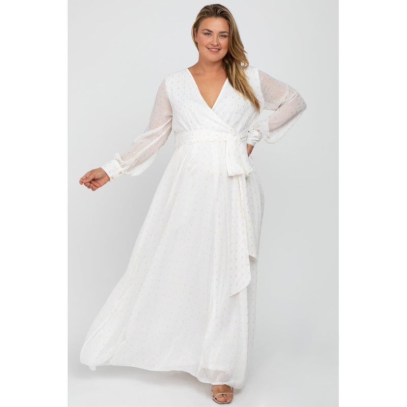 White Metallic Print Chiffon Maternity Plus Maxi Dress