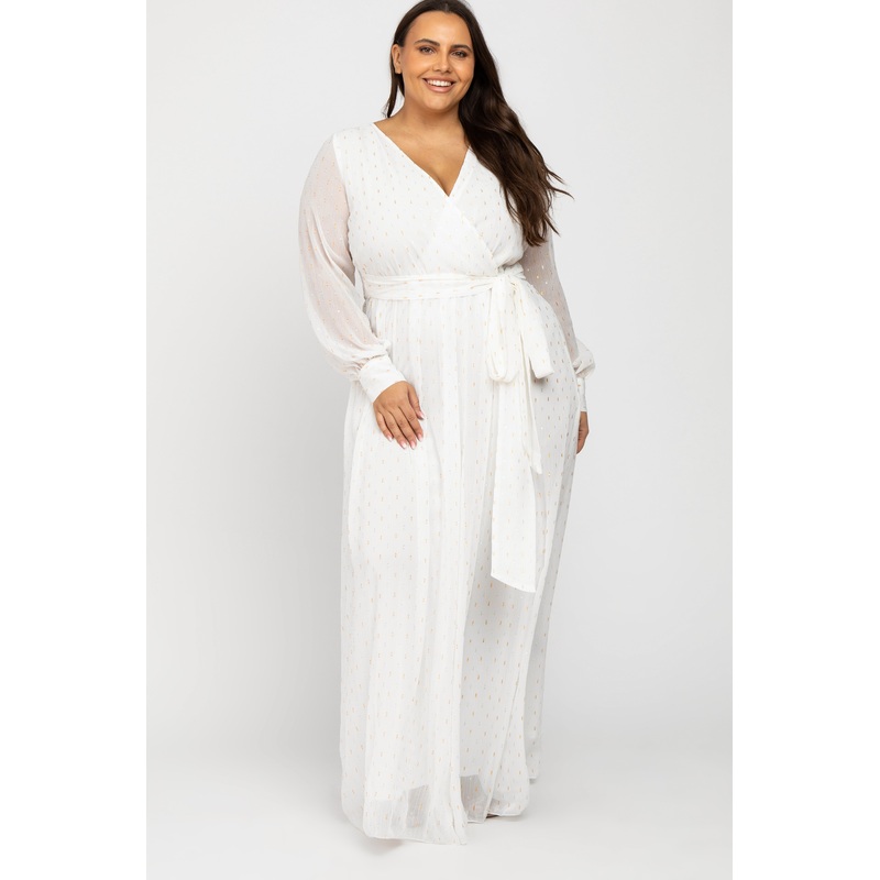 White Metallic Print Chiffon Plus Maxi Dress