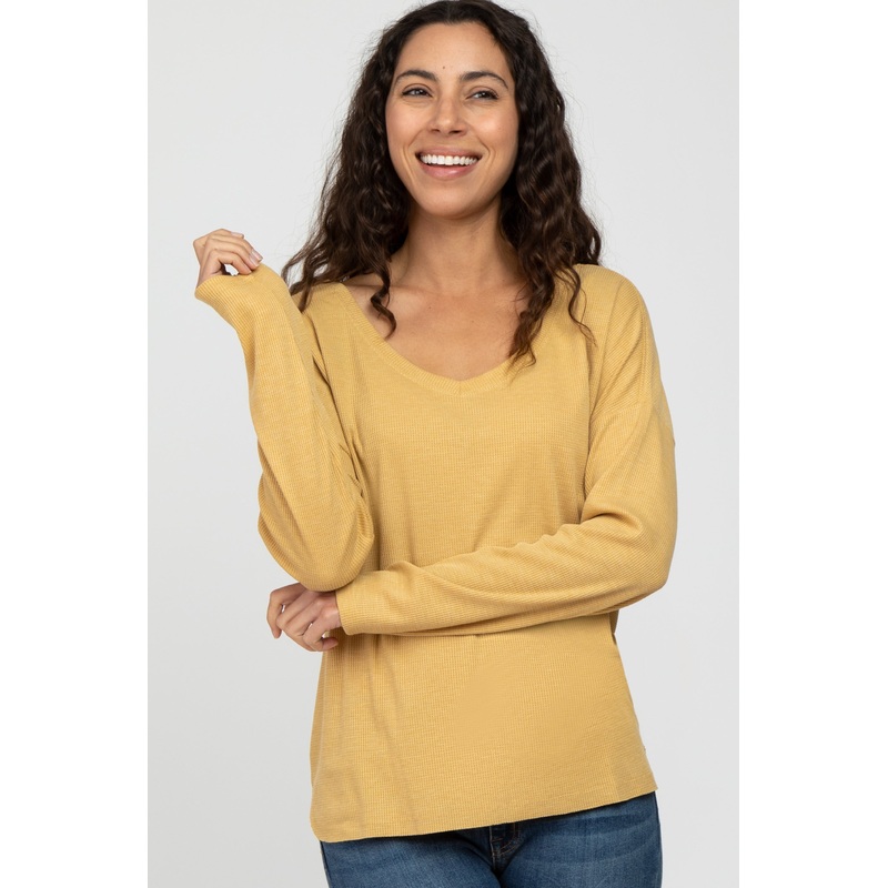 Yellow Waffle Knit Drop Shoulder Top