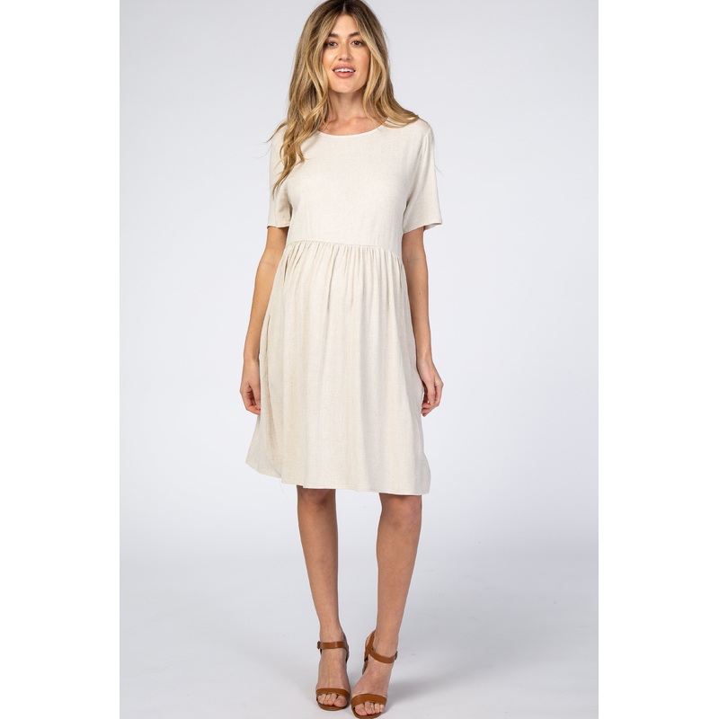 Beige Linen Babydoll Maternity Dress