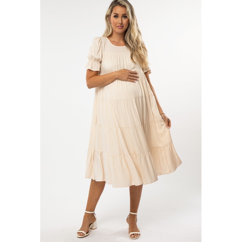Beige Pleated Ruffle Tier Maternity Midi Dress
