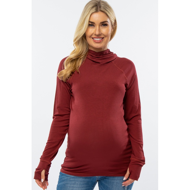 Burgundy Ribbed Hooded Maternity Active Top
