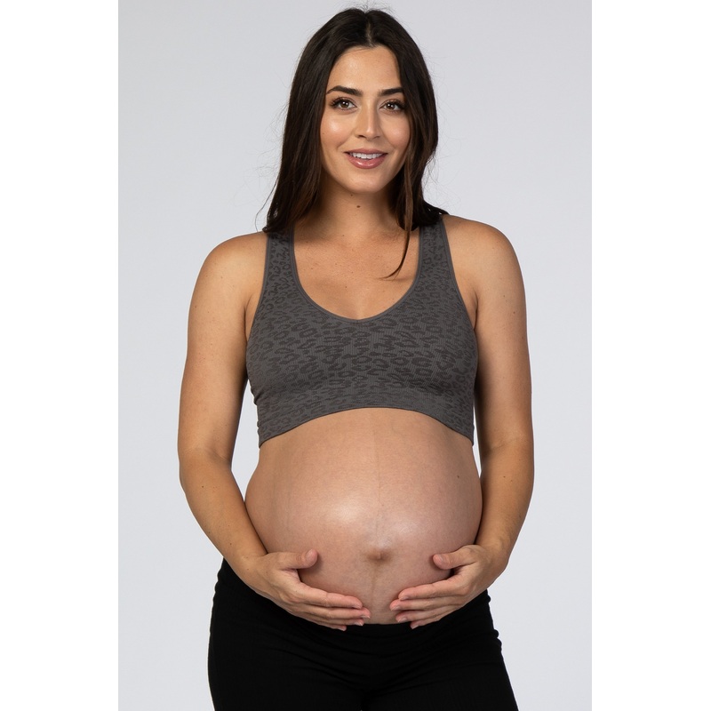 Charcoal Ribbed Animal Print Racerback Seamless Maternity Sports Bra