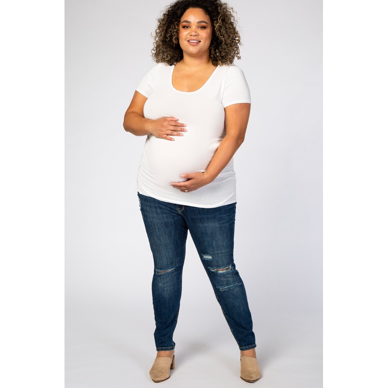 Navy Blue Heavily Distressed Knee Maternity Plus Jeans