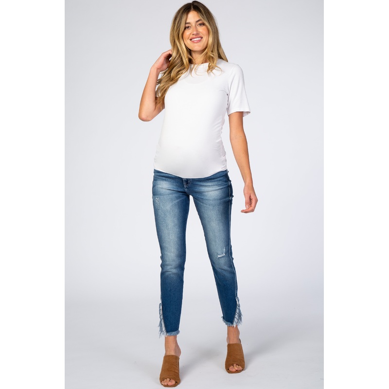 Navy Blue Slit Fringe Hem Maternity Skinny Jeans