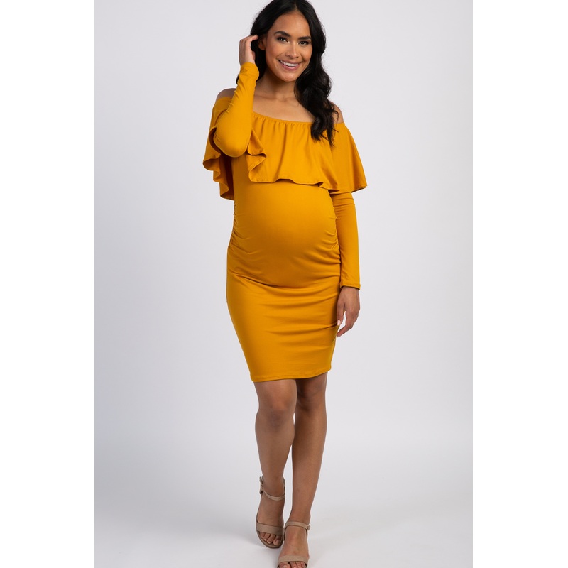 PinkBlush Mustard Yellow Ruffle Trim Off Shoulder Fitted Maternity Dress