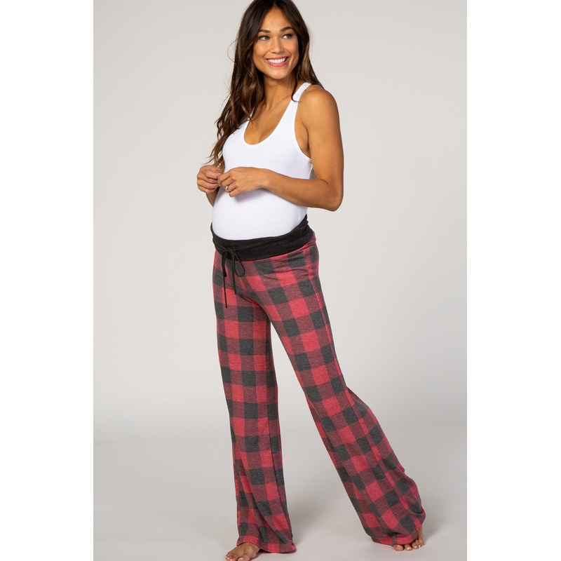 PinkBlush Red Plaid Drawstring Maternity Lounge Pants