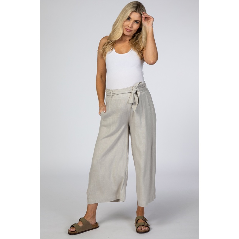 Taupe Linen Waist Tie Crop Wide Leg Maternity Pants