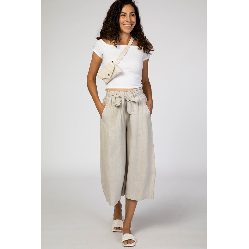 Taupe Linen Waist Tie Crop Wide Leg Pants