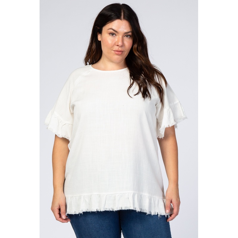 White Short Sleeve Fringe Ruffle Trim Plus Blouse