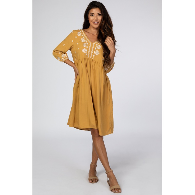 Yellow Embroidered Front Babydoll Dress