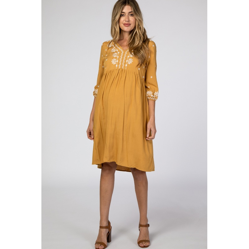 Yellow Embroidered Front Babydoll Maternity Dress