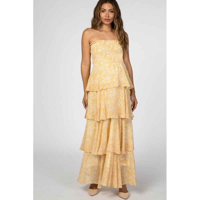 Yellow Floral Chiffon Strapless Smocked Ruffle Tier Maternity Maxi Dress