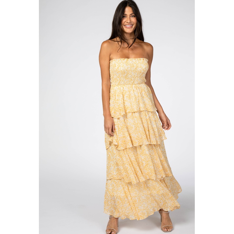 Yellow Floral Chiffon Strapless Smocked Ruffle Tier Maxi Dress