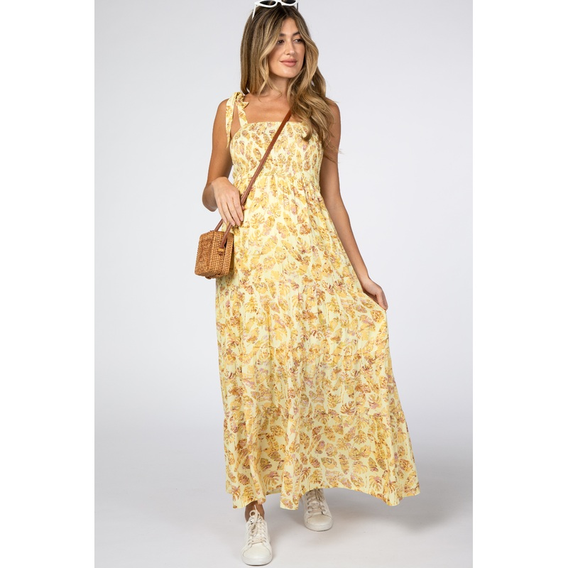 Yellow Floral Smocked Tie Strap Maternity Maxi Dress