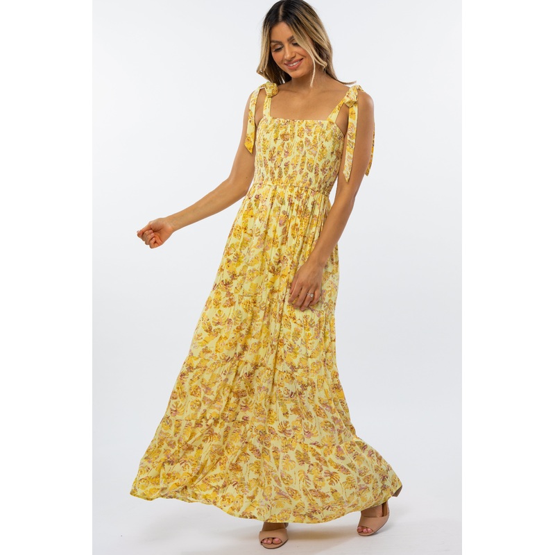 Yellow Floral Smocked Tie Strap Maxi Dress