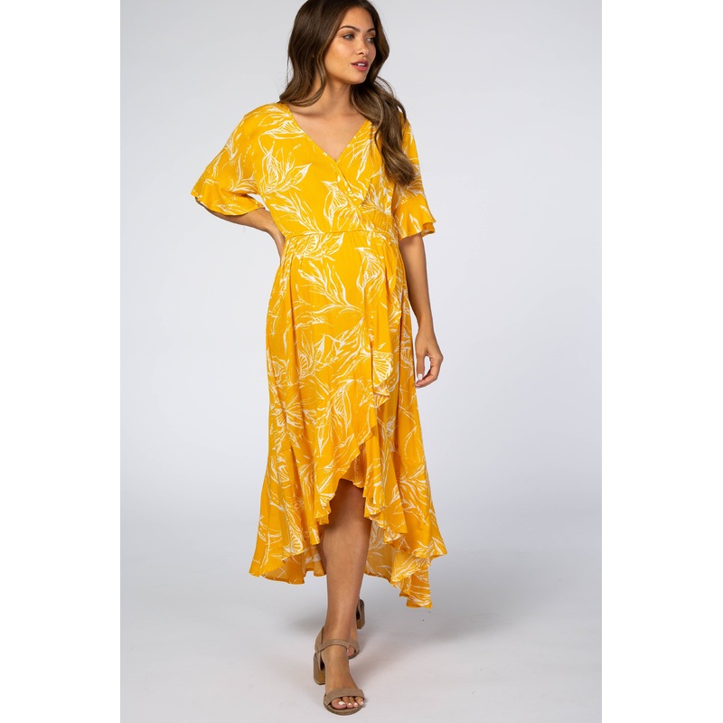 Yellow Leaf Print Hi-Low Wrap Maternity Midi Dress