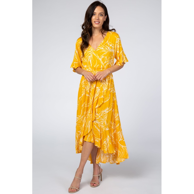 Yellow Leaf Print Hi-Low Wrap Midi Dress