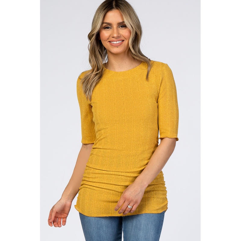 Yellow Ribbed Ruched Top