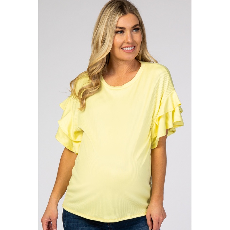 Yellow Ribbed Ruffle Sleeve Maternity Top