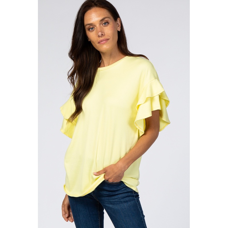 Yellow Ribbed Ruffle Sleeve Top