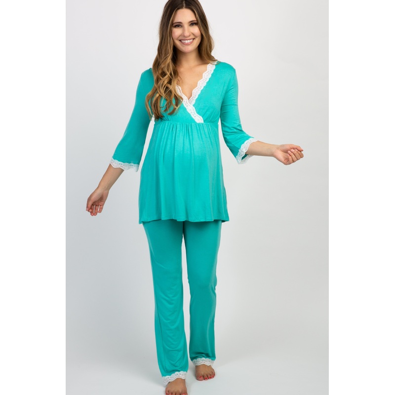 Aqua Lace Trim Maternity Pajama Set