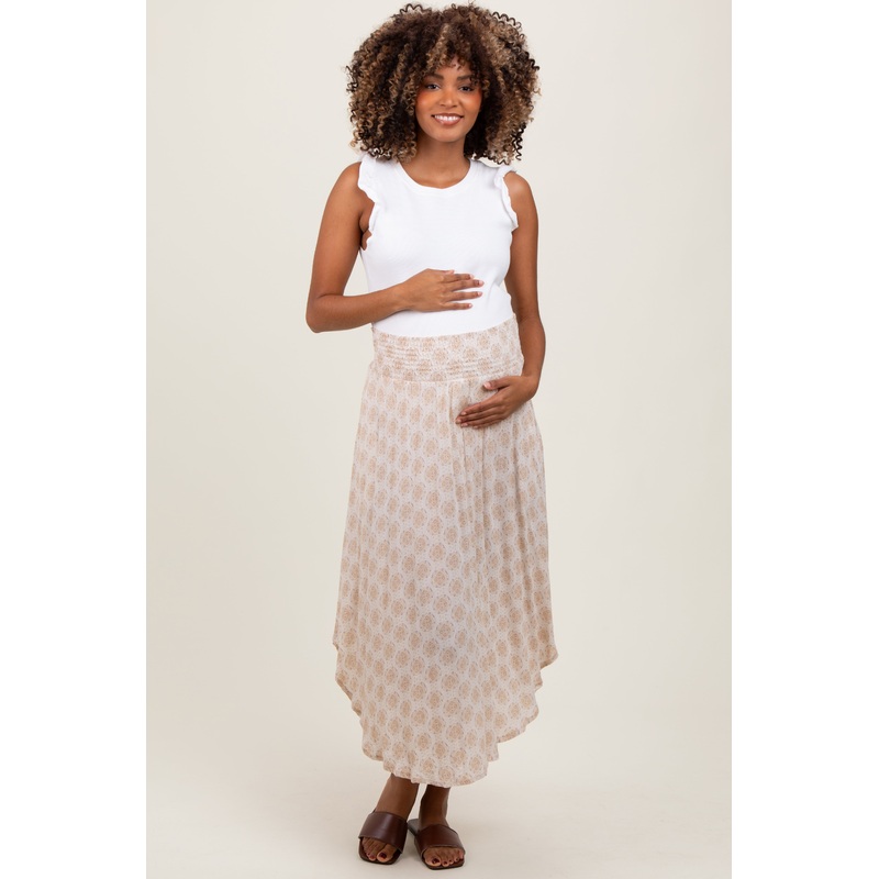 Beige Damask Print Smocked Waistband Maternity Midi Skirt
