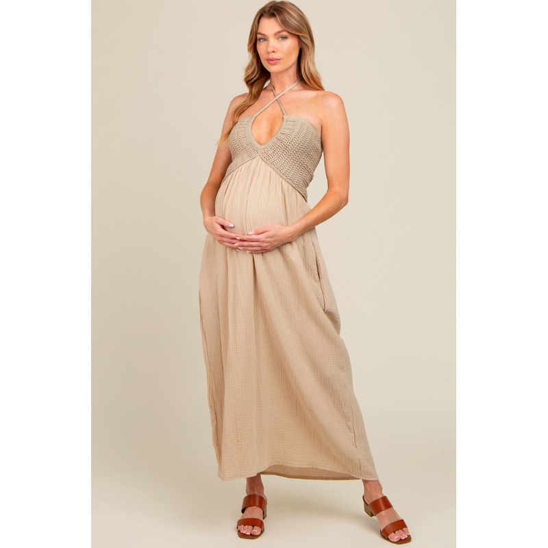 Beige Halter Crochet Top Maternity Maxi Dress