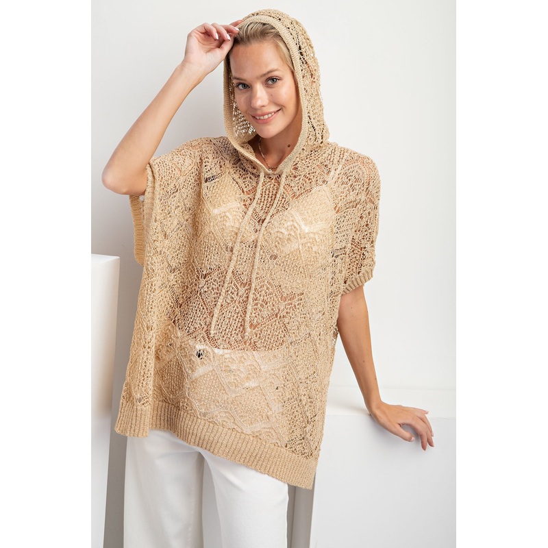 Beige Knit Dolman Sleeve Hooded Top