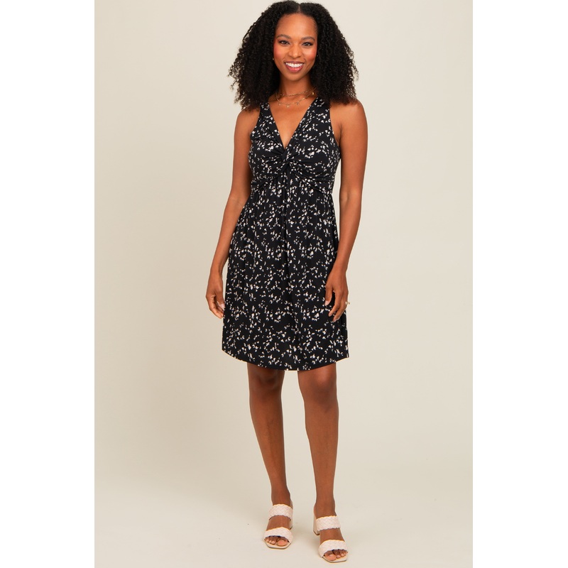 Black Abstract Print Front Twist Dress