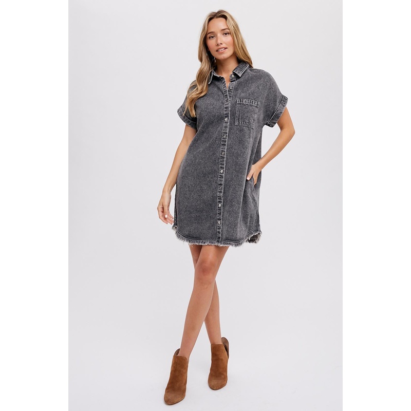 Black Acid Wash Denim Button Up Dress