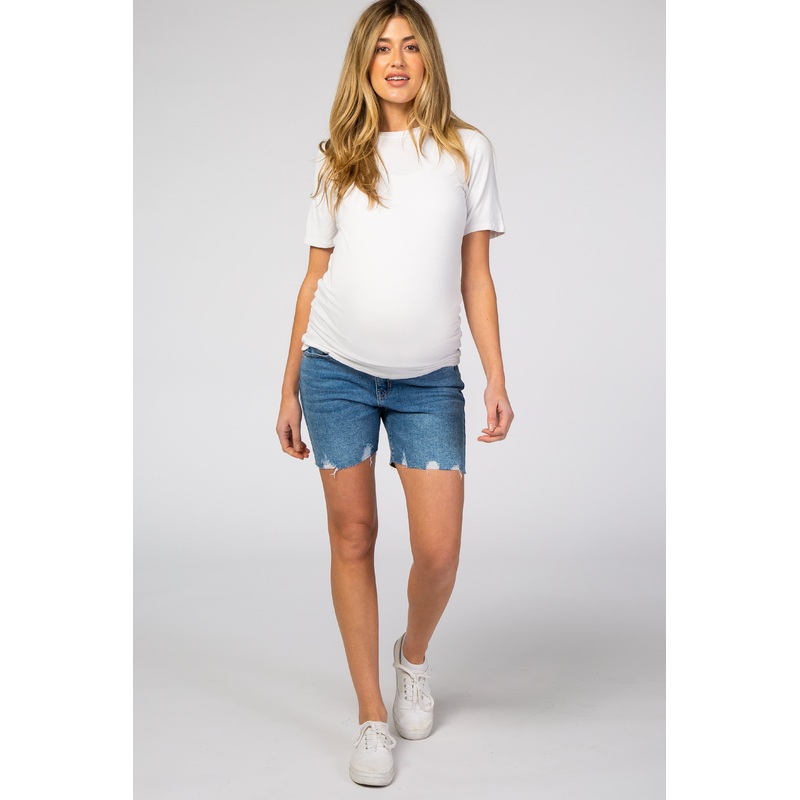 Blue Raw Hem Maternity Denim Shorts