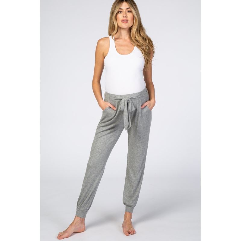 Heather Grey Waffle Knit Waist Tie Maternity Lounge Pants