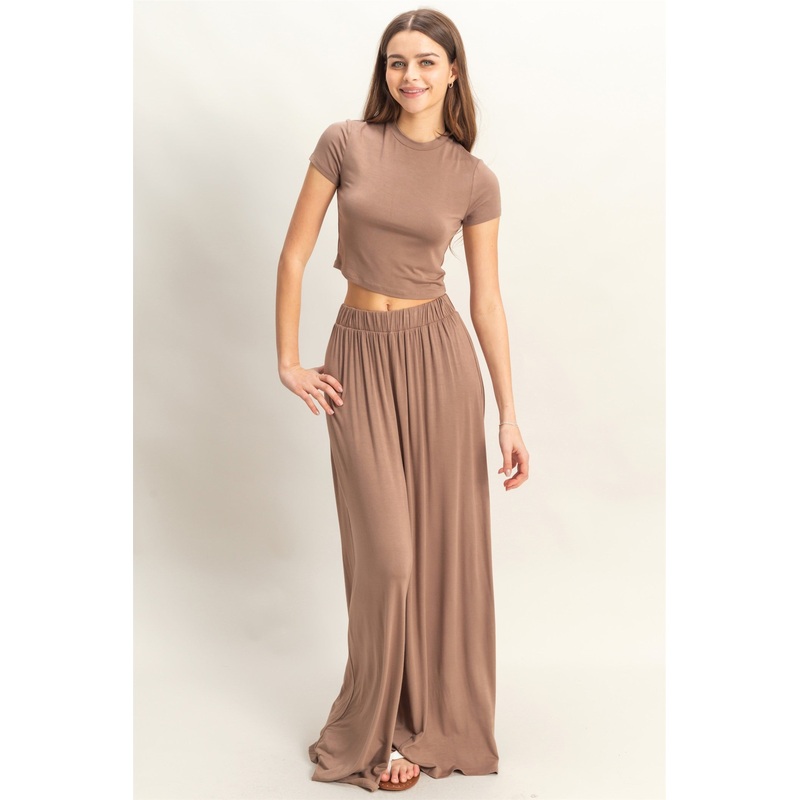 Mocha Cropped Short Sleeve Wide Leg Pants Set