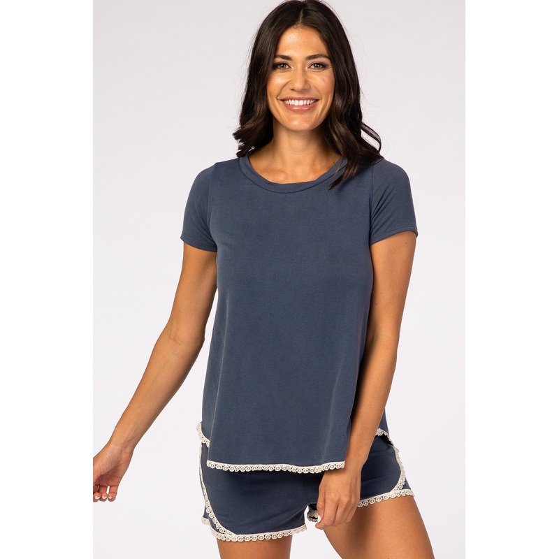 PinkBlush Blue Crochet Trim Maternity Pajama Set