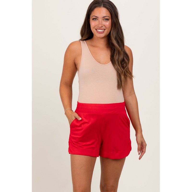 Red Basic Rounded Hem Maternity Shorts
