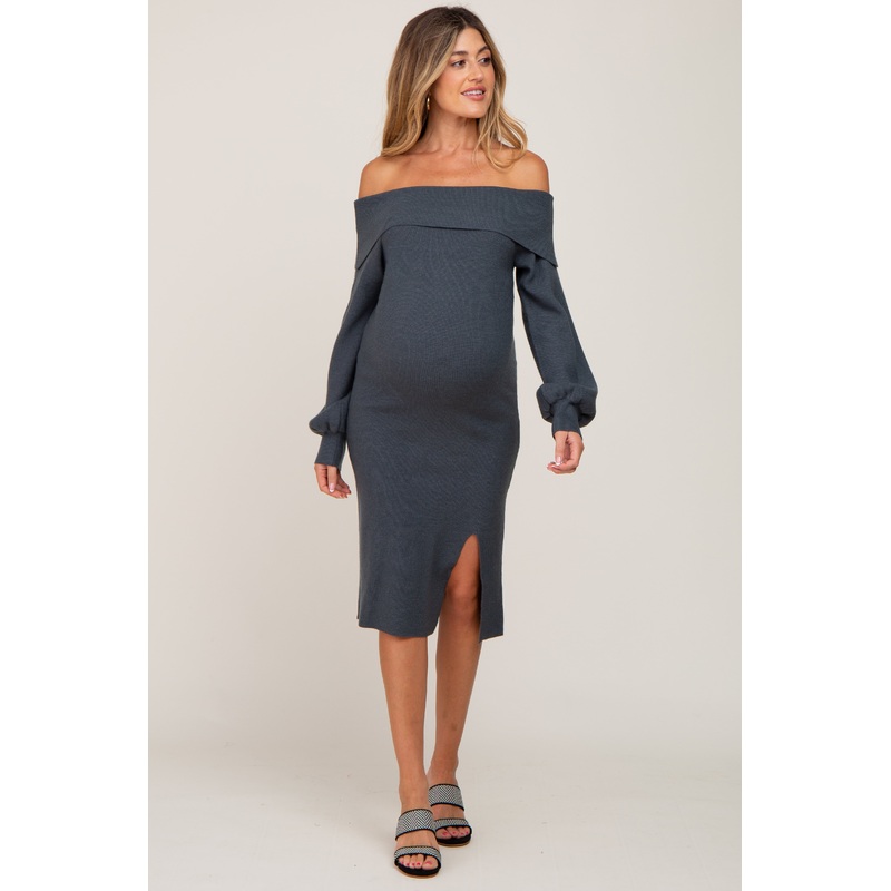 Teal Off Shoulder Maternity Sweater Dress