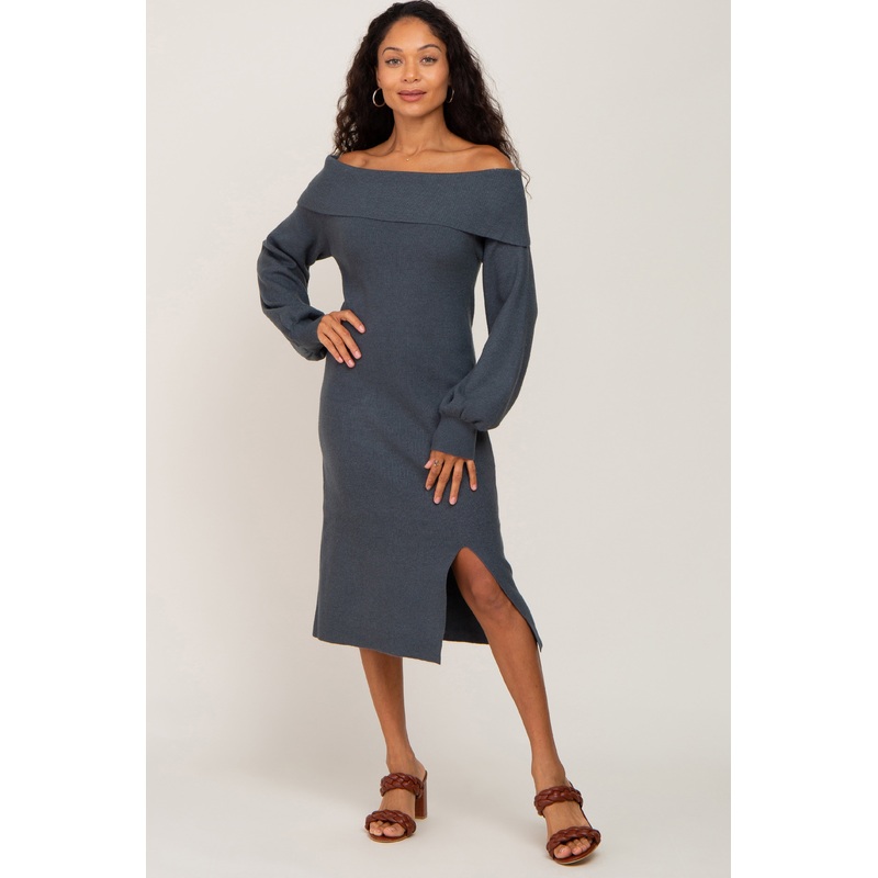 Teal Off Shoulder Sweater Dress