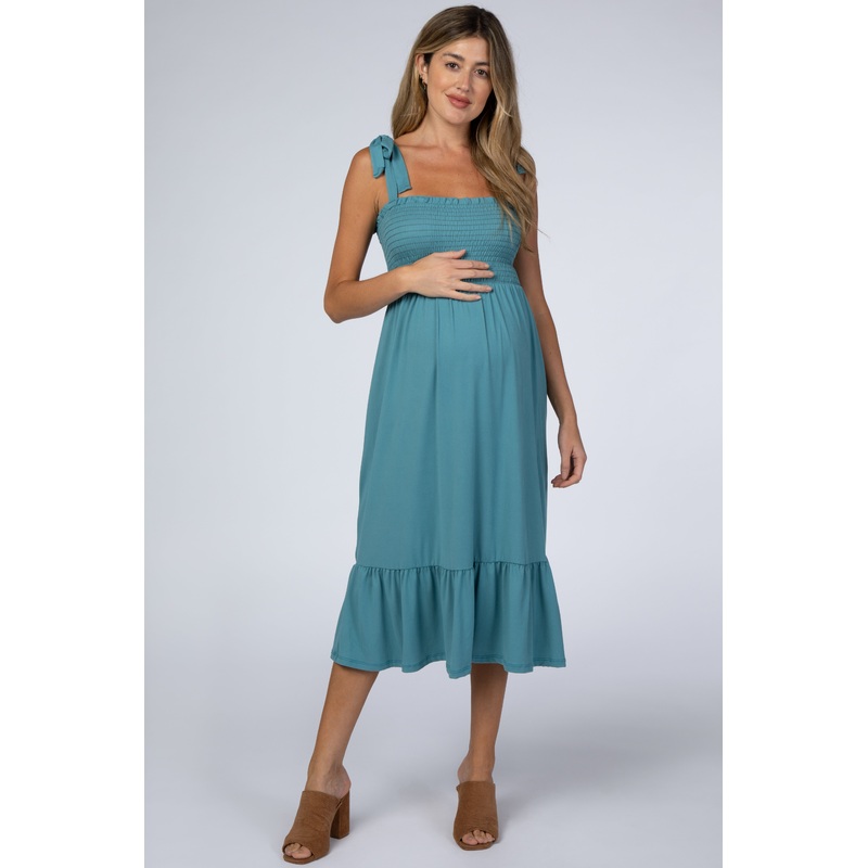 Teal Self-Tie Smocked Maternity Midi Dress