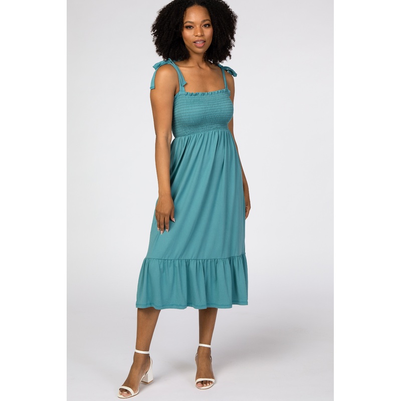 Teal Self-Tie Smocked Midi Dress
