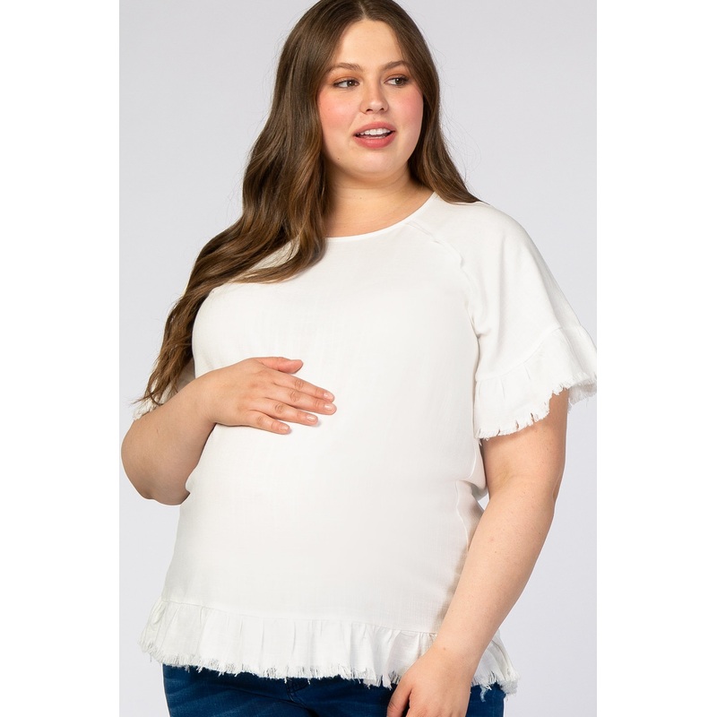 White Short Sleeve Fringe Ruffle Trim Plus Maternity Blouse