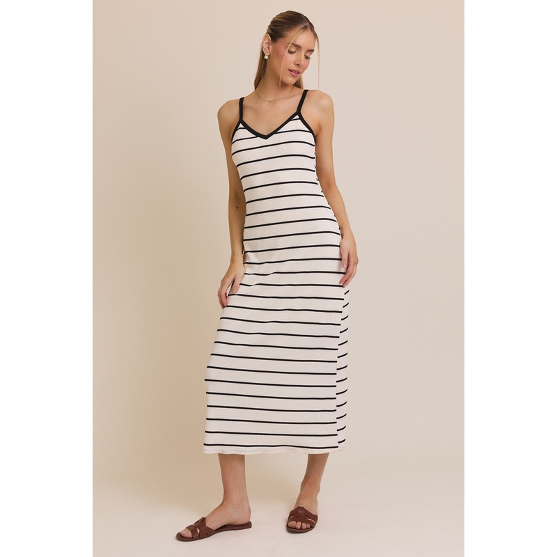 White Striped Ribbed Adjustable Strap Midi Dress