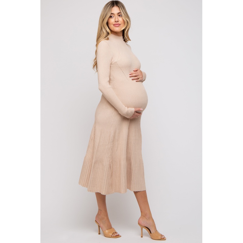 Beige Rib Knit Mock Neck A-Line Maternity Dress
