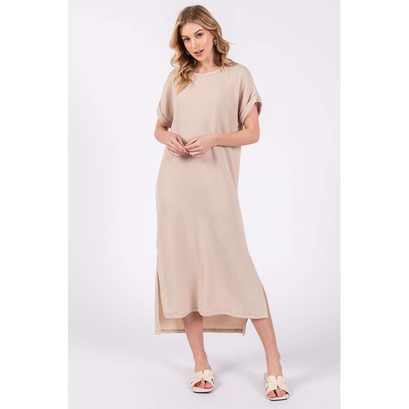 Beige Ribbed Short Sleeve Midi Dress