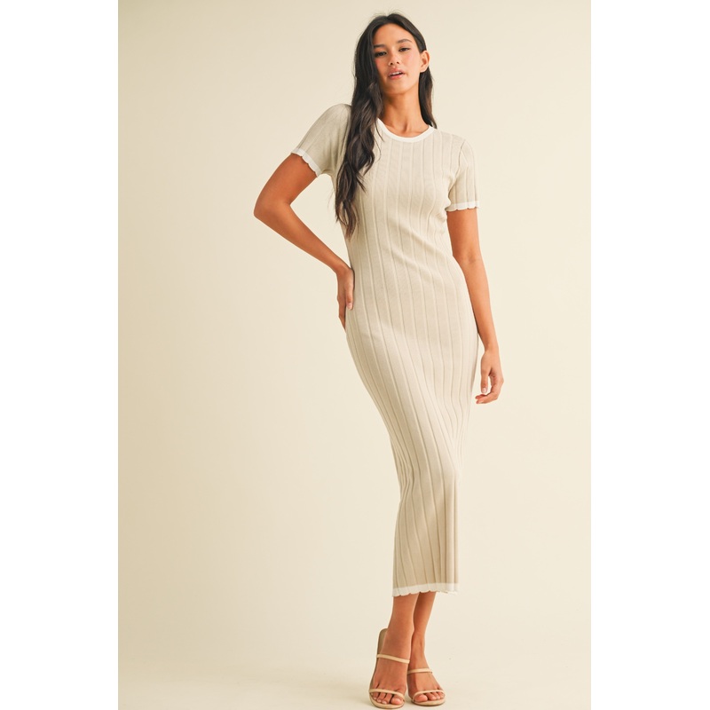 Beige/White Short Sleeve Sweater Knit Rib Midi Dress