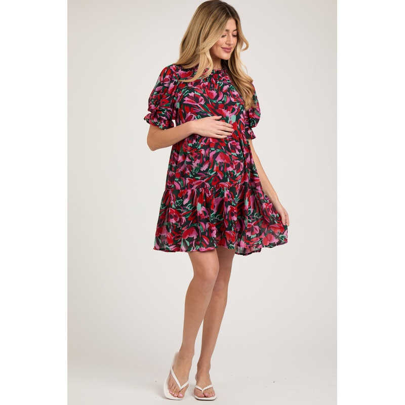 Black Abstract Floral Print Tiered Maternity Dress