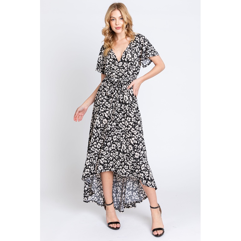 Black Animal Print Wrap Front V-Neck Hi-Low Midi Dress