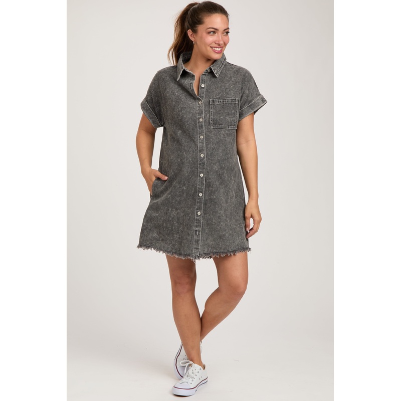 Black Denim Button Up Maternity Dress