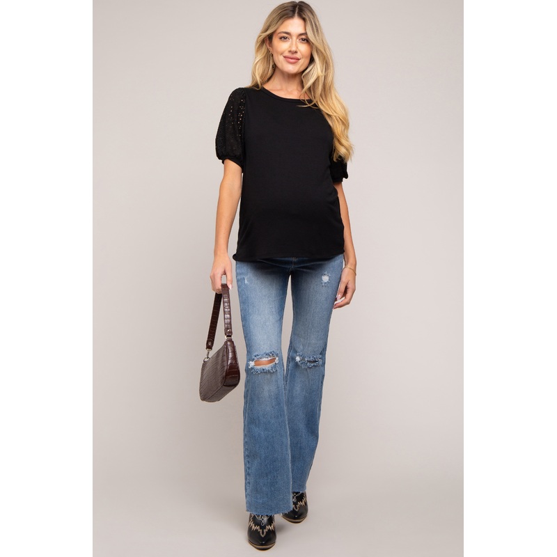 Blue Distressed Knee Maternity Flared Jeans