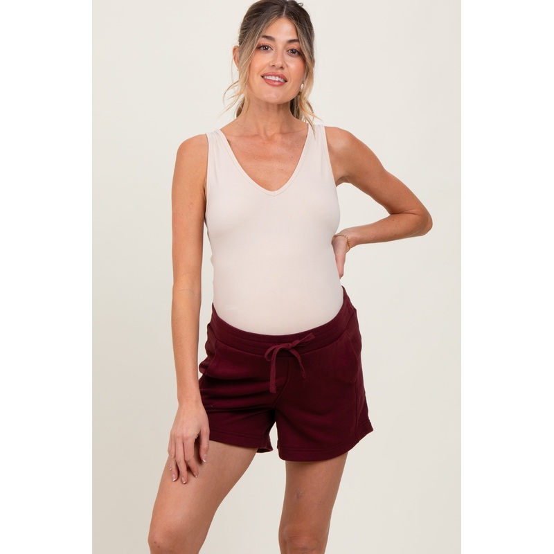 Burgundy Terry Maternity Shorts